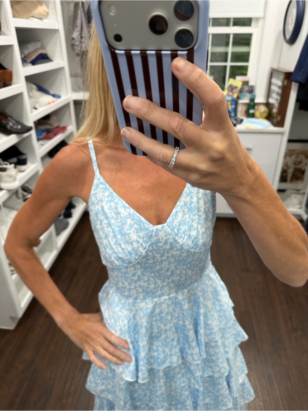 Amazon Light Blue Floral Tiered Midi Dress S - Picture 2 of 6
